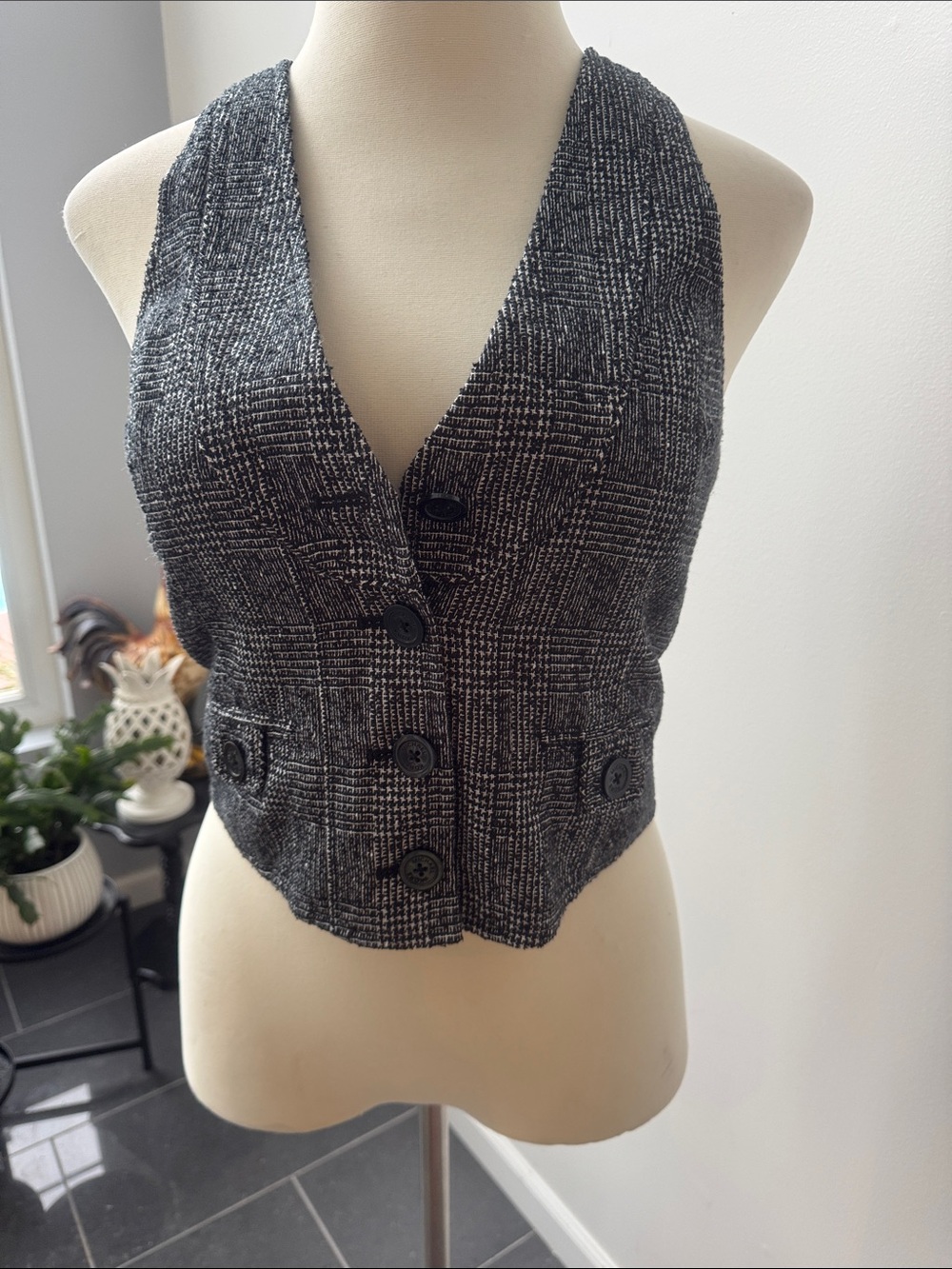 Michael Kors Black & White Tweed V-Neck Button Front Vest